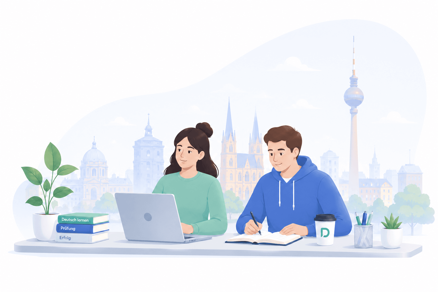 Two adult learners preparing for a German exam together