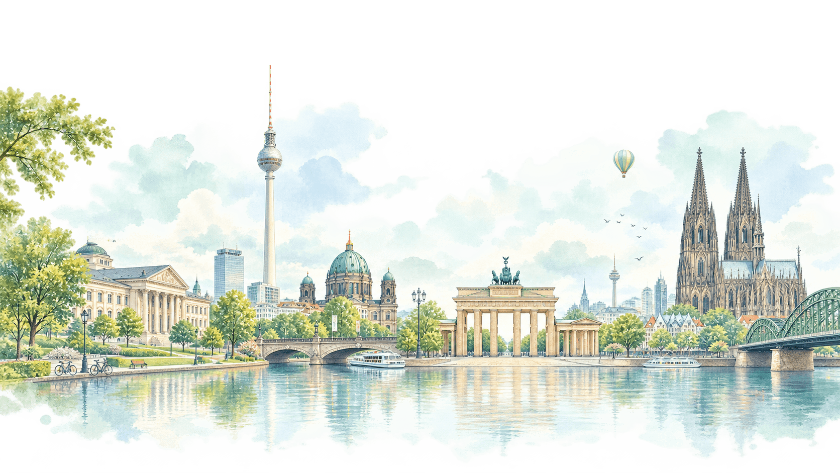 Watercolour illustration of German landmarks