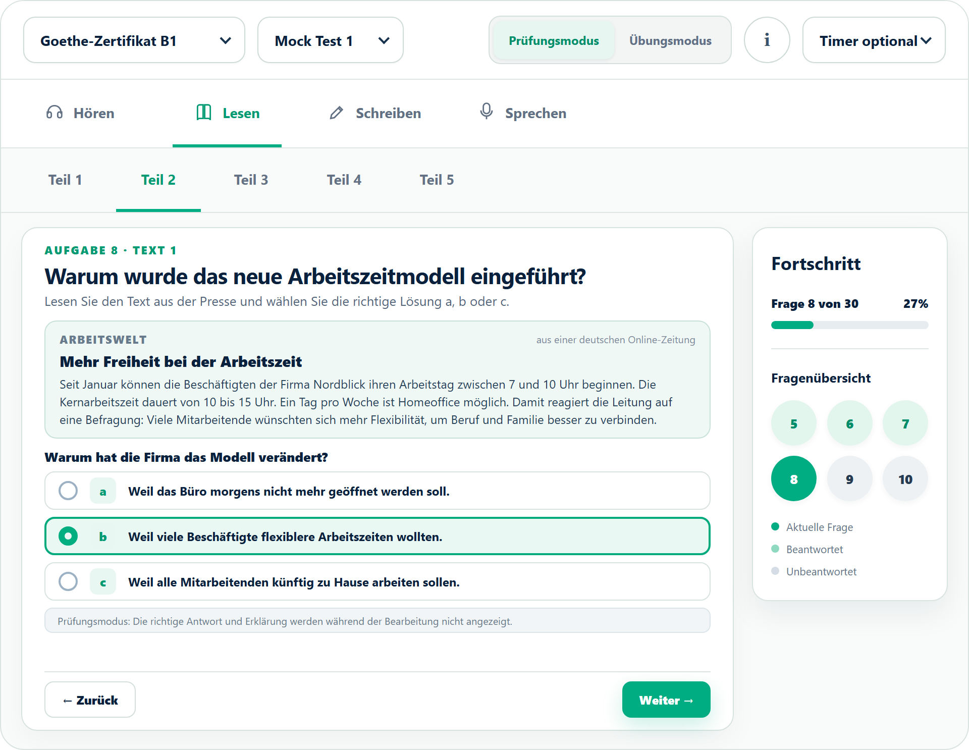 High-resolution Goethe-Zertifikat B1 mock-test interface